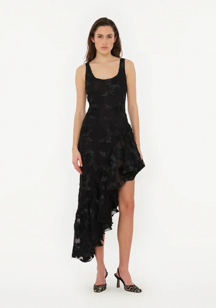 Robe Flower Mesh Ruffle Noire